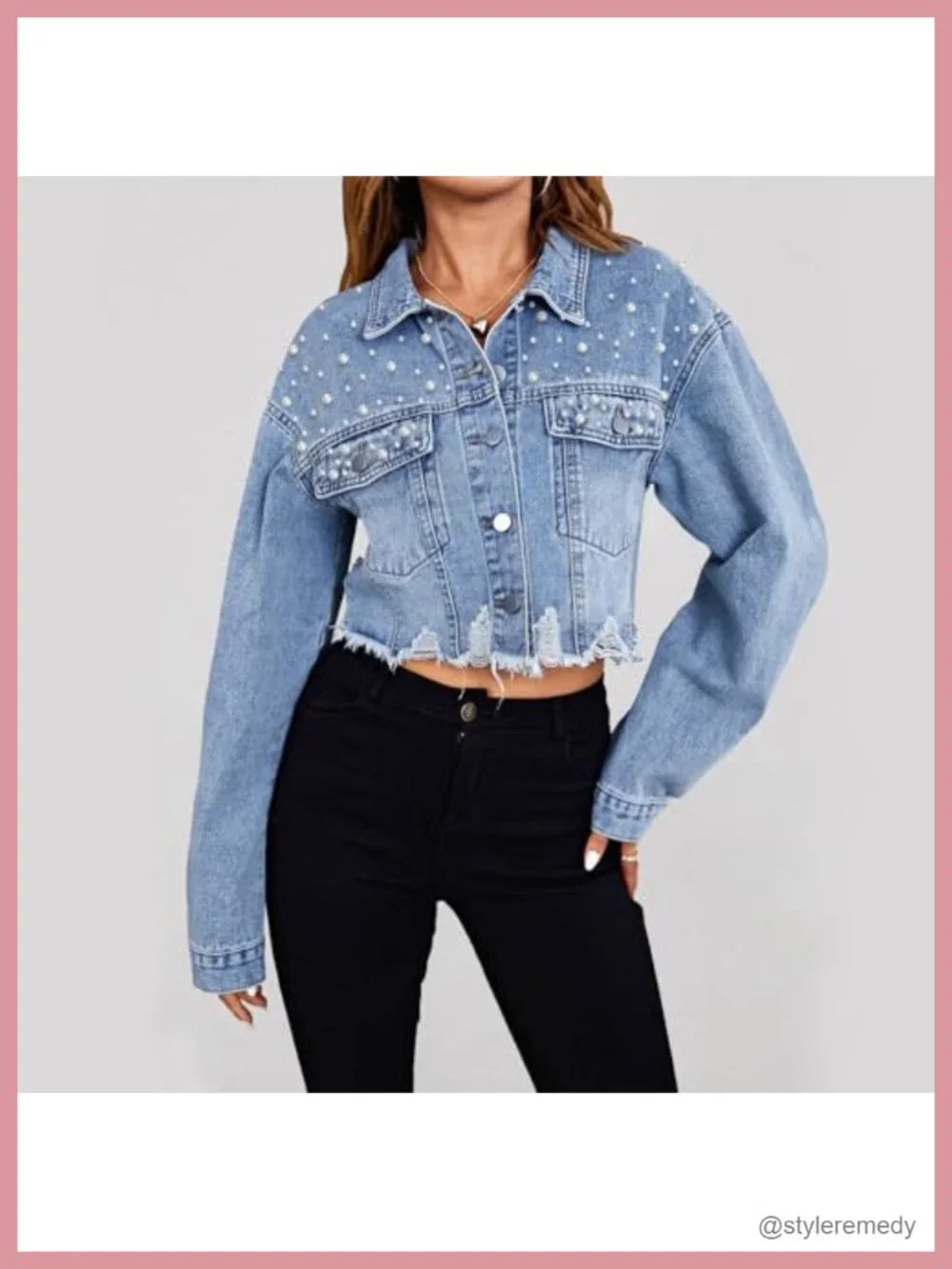 Pearl Beaded Cropped Denim Jacket Women Distressed Frayed Hem Shacket